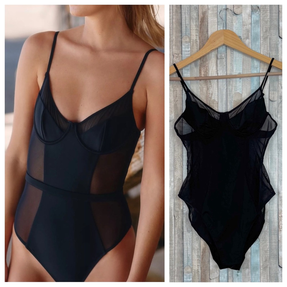 Solid & Striped Spencer One Piece Swimsuit Black Mesh Bustier Anthropologie M